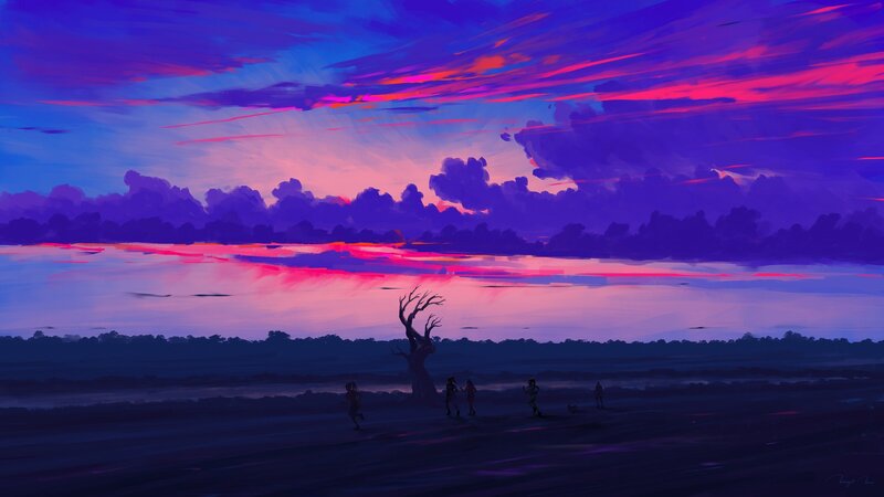 Silhouetted Figures Running — Purple