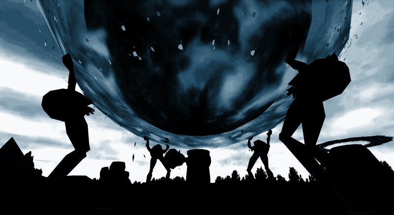 Silhouetted figures under a dark sphere