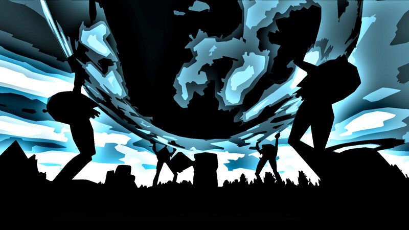 Silhouetted figures under a storm