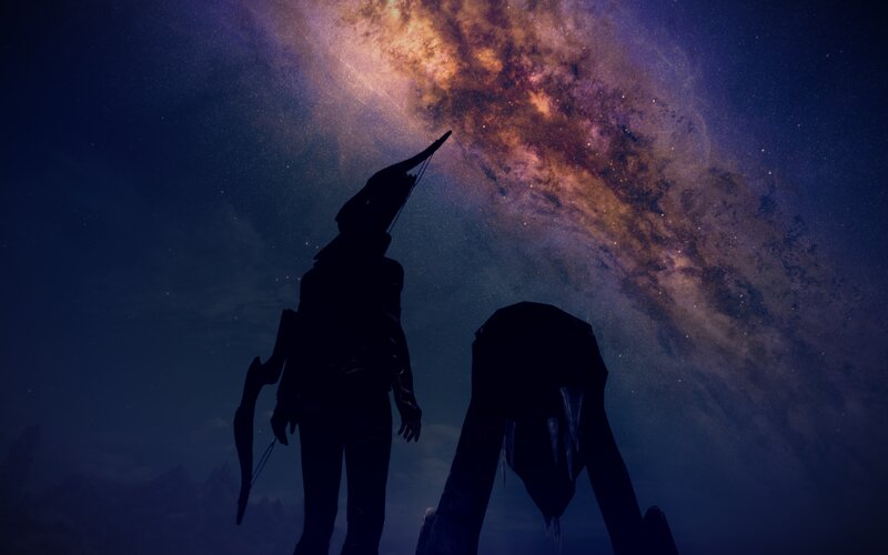 Silhouetted Figures under Galaxy — Purple