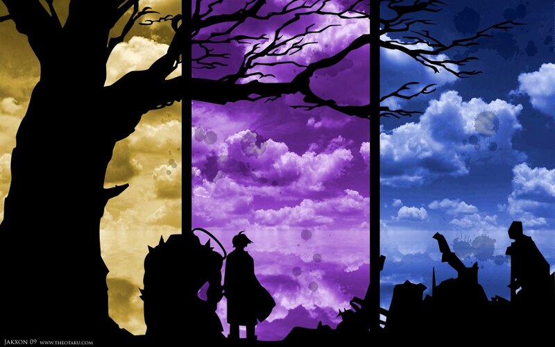 Silhouetted Figures under Tree — Purple, Dramatic