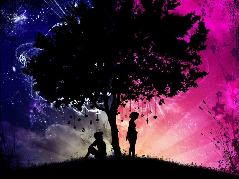 Silhouetted Figures under Tree — Purple