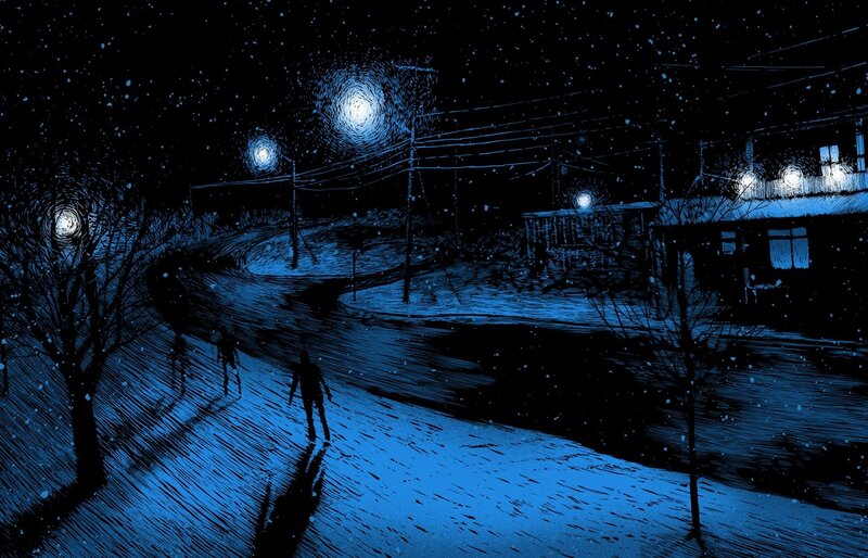 Silhouetted Figures Walking — Blue, Dark