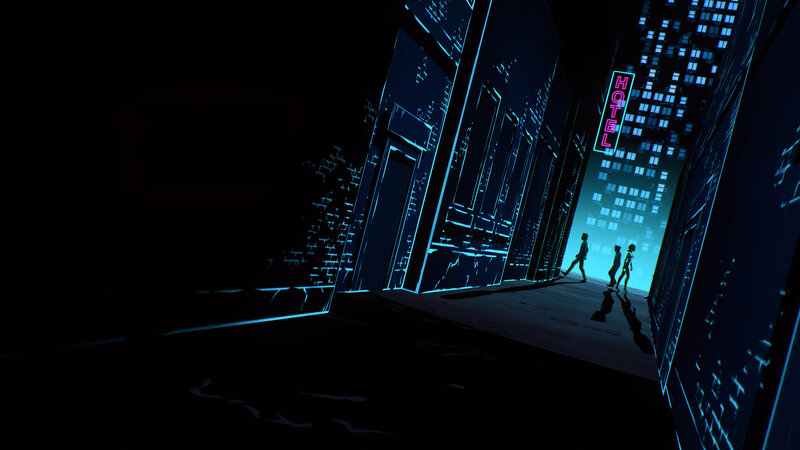 Silhouetted Figures Walking — Blue