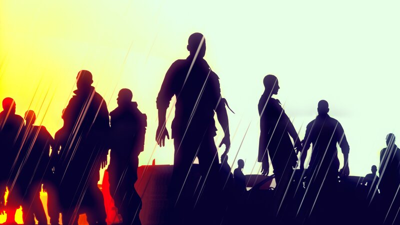 Silhouetted Figures Walking — Yellow