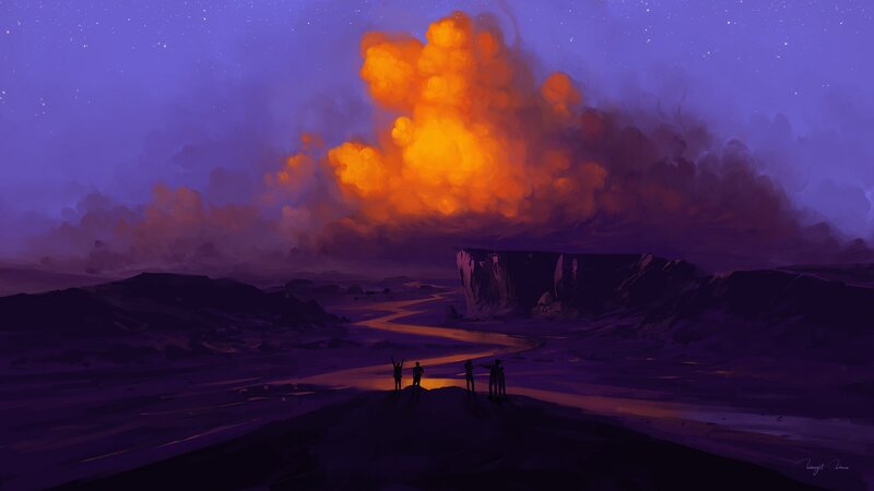 Silhouetted Figures Watching Explosion