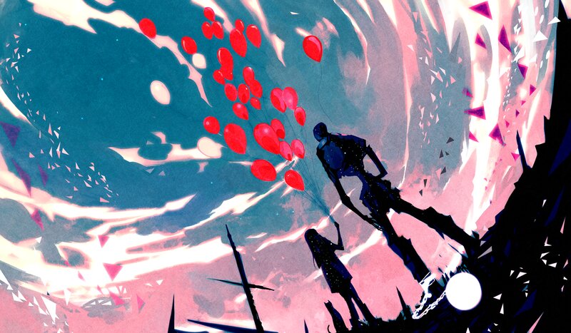 Silhouetted Figures with Balloons — Blue