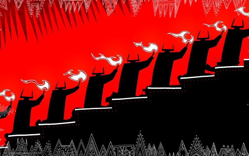 Silhouetted figures with flames