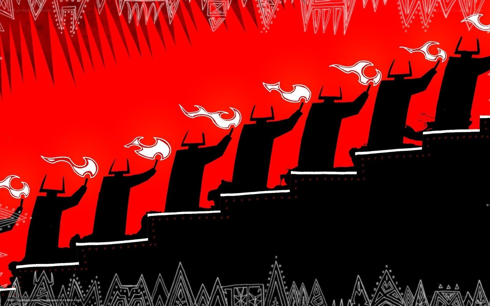 Silhouetted figures with flames