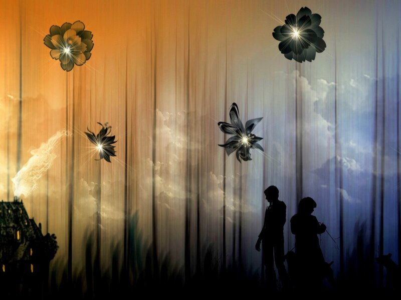 Silhouetted Figures with Flowers — Orange, Dreamy