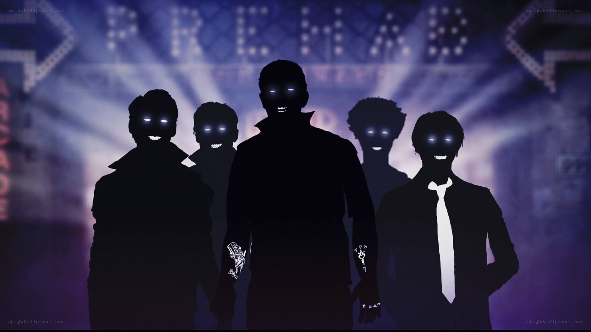 silhouetted figures with glowing eyes