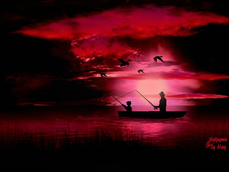 Silhouetted Fishermen in Boat