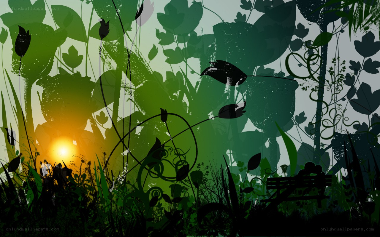 silhouetted garden at sunset