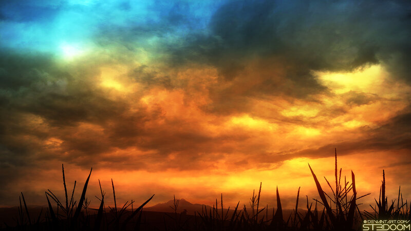 Silhouetted Grass at Sunset — Orange, Dramatic, Digital Art