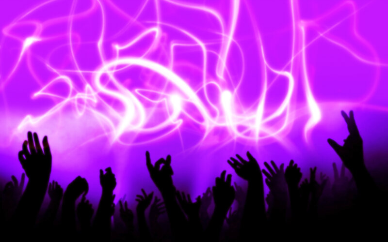 Silhouetted Hands at Concert — Purple, Energetic, Night, Digital Art, Light Trails