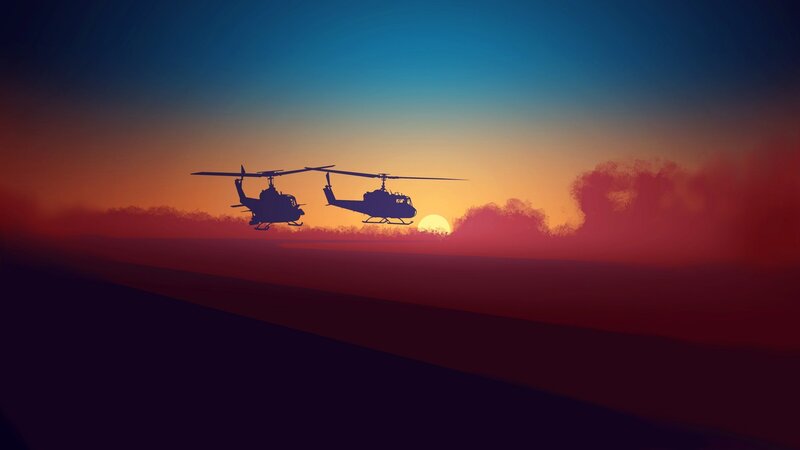 Silhouetted Helicopters — Blue, Dramatic, Sunset