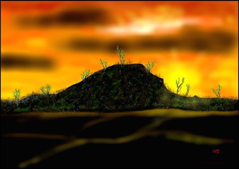 Silhouetted Hill at Sunset — Orange, Dramatic, Digital Art