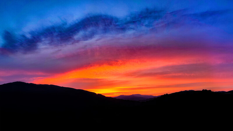 Silhouetted Hills at Sunset — Blue, Dramatic, Photograph, Sky, Clouds