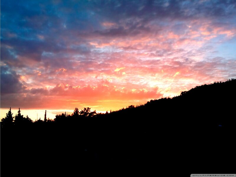 Silhouetted Hills at Sunset — Orange, Dramatic, Photograph, Sky, Clouds, Trees