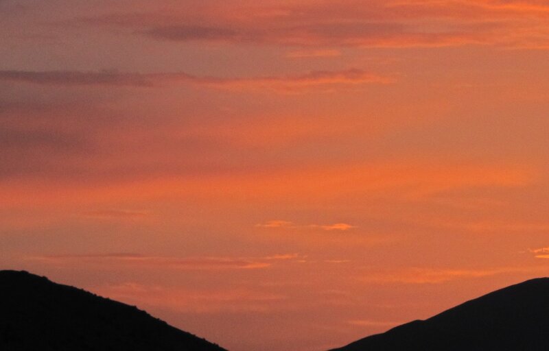Silhouetted Hills at Sunset — Orange, Serene, Photograph, Sky, Clouds