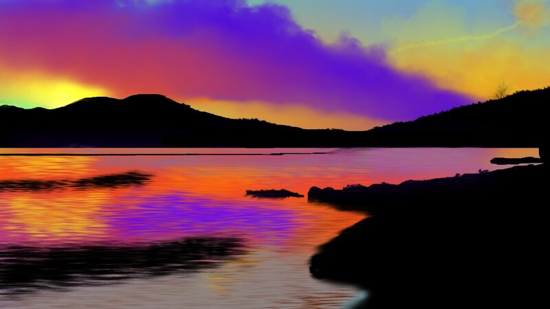 Silhouetted Hills at Sunset — Purple, Dramatic, Digital Art