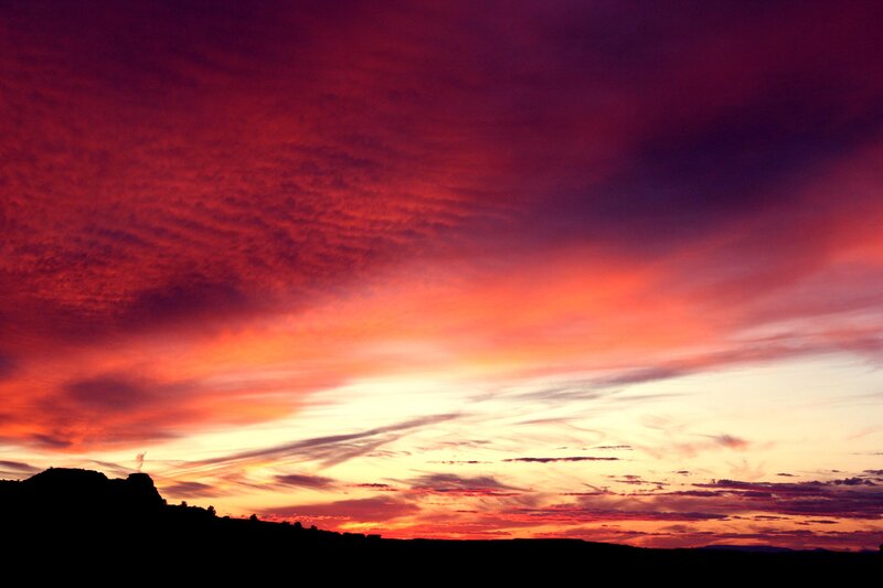 Silhouetted Hills at Sunset — Red, Dramatic, Photograph, Clouds