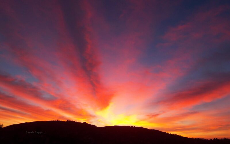 Silhouetted Hills at Sunset — Red, Dramatic, Photograph, Sky