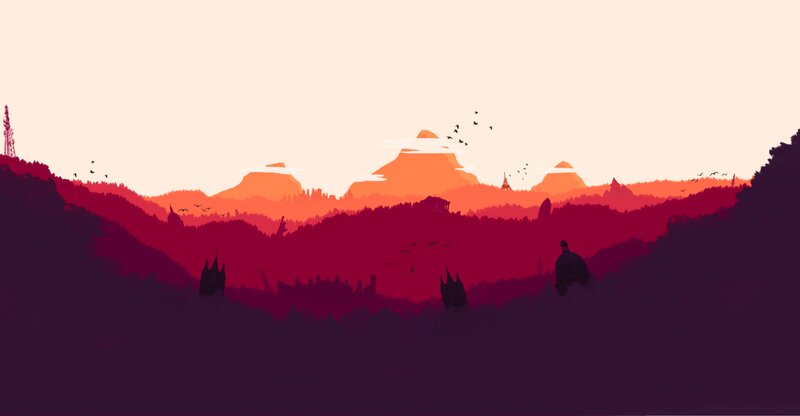 Silhouetted Hills at Sunset — Red, Serene