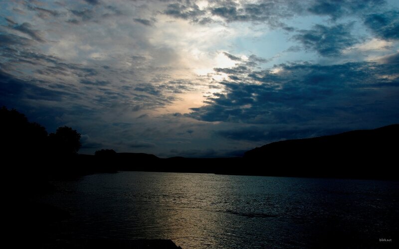 Silhouetted Hills over Lake — Blue, Dramatic