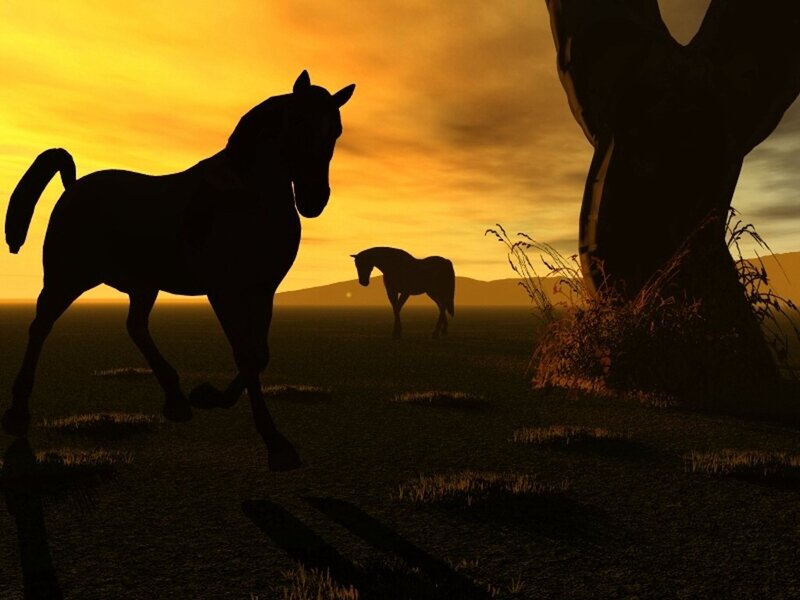 Silhouetted Horses at Sunset — Yellow
