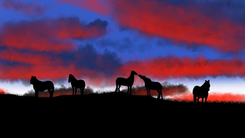 Silhouetted Horses on Hill — Red, Dramatic, Sunset, Digital Art
