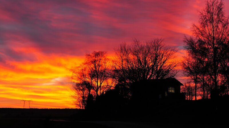 Silhouetted House at Sunset — Red