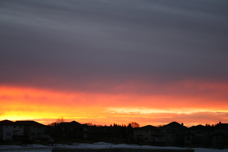 Silhouetted Houses at Sunset — Orange, Dramatic, Photograph, Sky