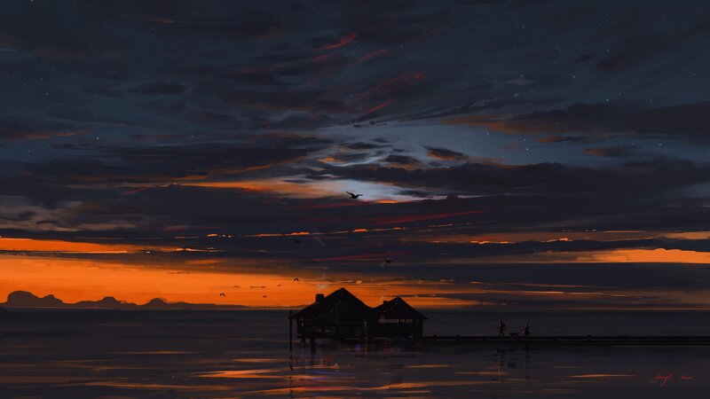 Silhouetted Houses on Pier