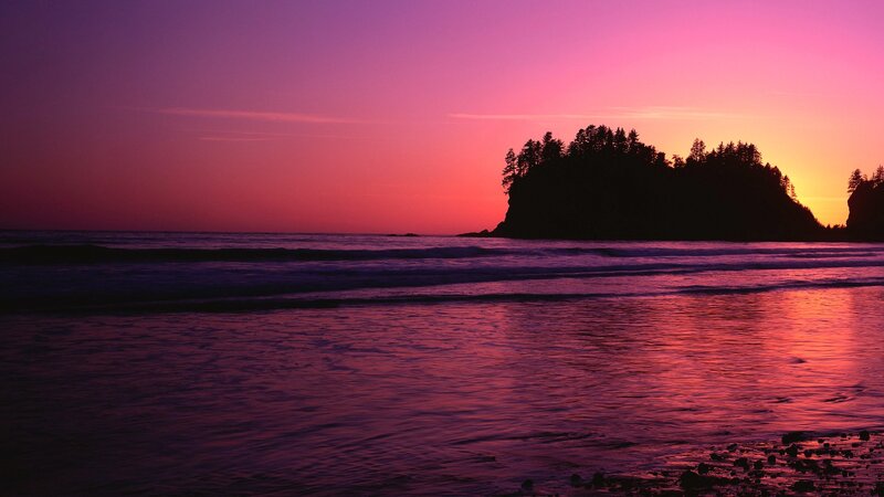 Silhouetted Island at Sunset — Purple, Serene, Photograph, Ocean, Sky