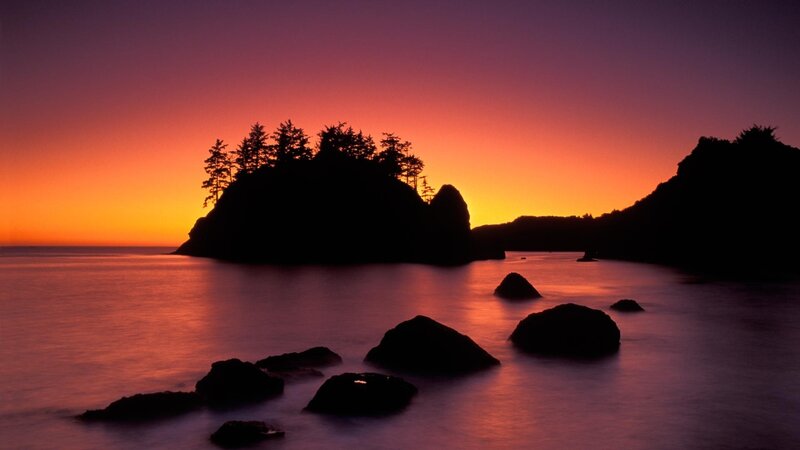 Silhouetted Island at Sunset — Purple, Serene, Photograph, Rocks, Trees, Orange