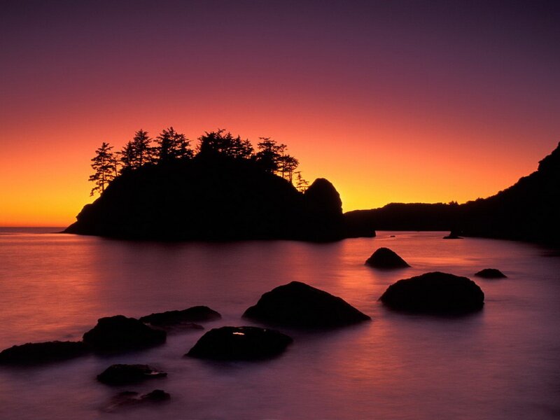 Silhouetted Island at Sunset — Purple, Serene