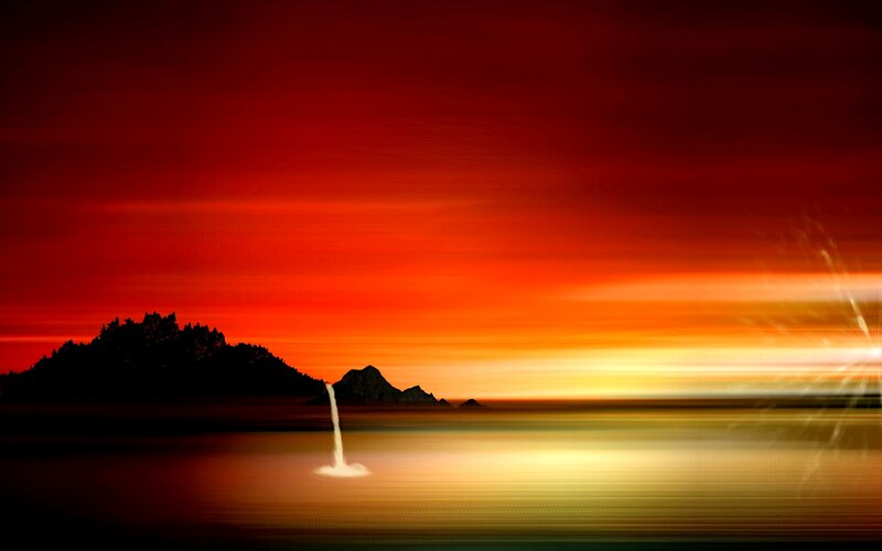 Silhouetted Island at Sunset — Red, Dramatic, Digital Art
