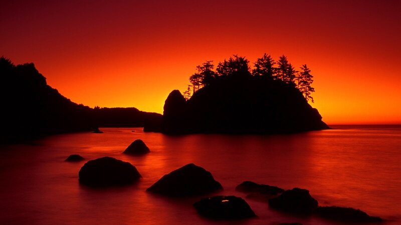 Silhouetted Island at Sunset — Red, Dramatic, Photograph, Rocks