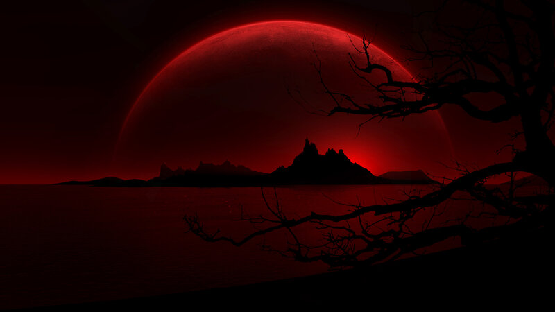 Silhouetted Island under Red Moon
