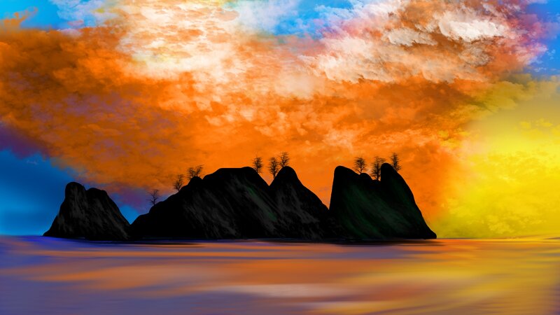 Silhouetted Islands at Sunset — Orange, Dramatic