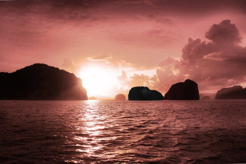 Silhouetted Islands at Sunset — Pink