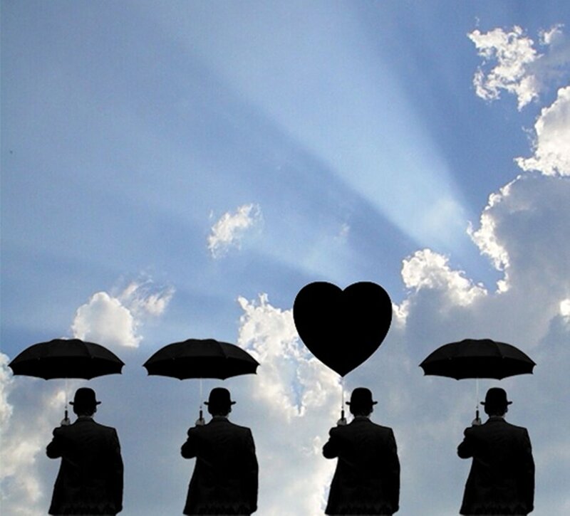 Silhouetted Men with Umbrellas