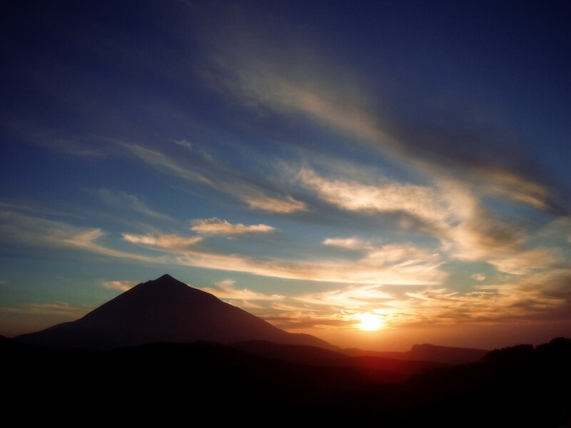 Silhouetted Mountain at Sunset — Blue, Serene, Photograph, Sun