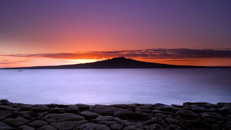 Silhouetted Mountain at Sunset — Purple, Serene, Photograph