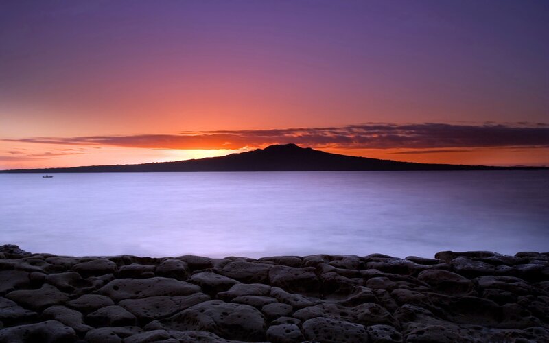 Silhouetted Mountain at Sunset — Purple, Serene