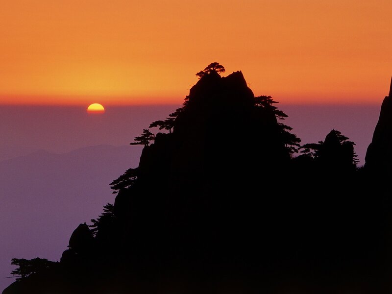 Silhouetted Mountain Peak — Orange, Serene, Sunset, Photograph