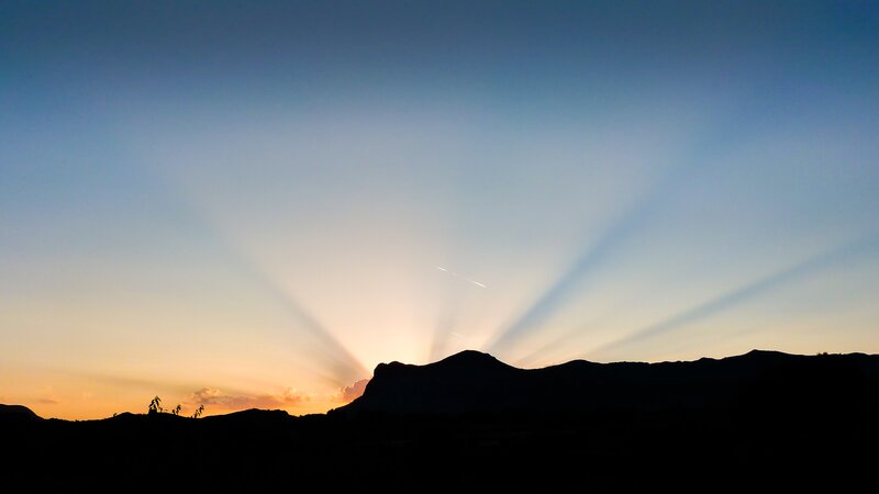 Silhouetted Mountains at Sunset — Blue, Serene, Photograph, Sunlight