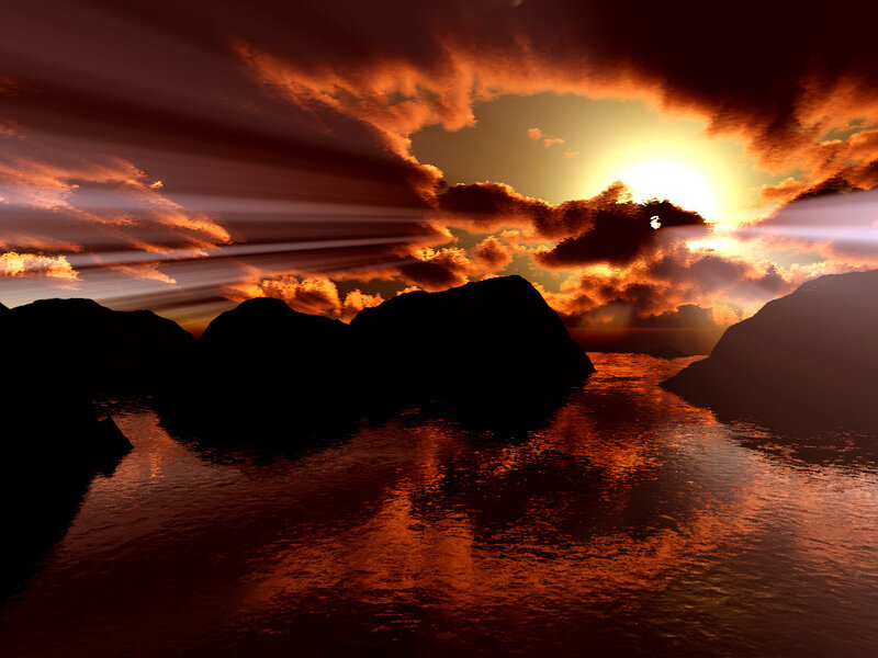 Silhouetted Mountains at Sunset — Orange, Dramatic, Digital Art