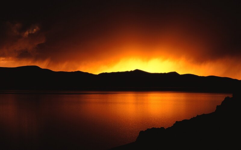 Silhouetted Mountains at Sunset — Orange, Dramatic, Photograph, Lake